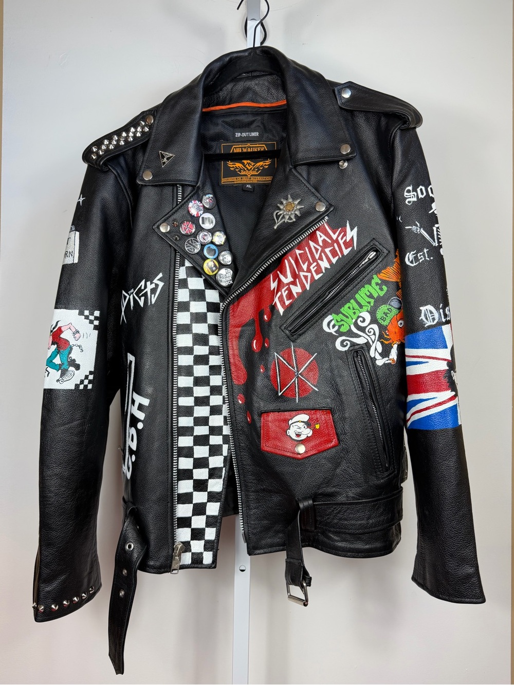 Custom Punk Leather Motorcycle Jacket XL Hand Painted Studded Biker Jacket